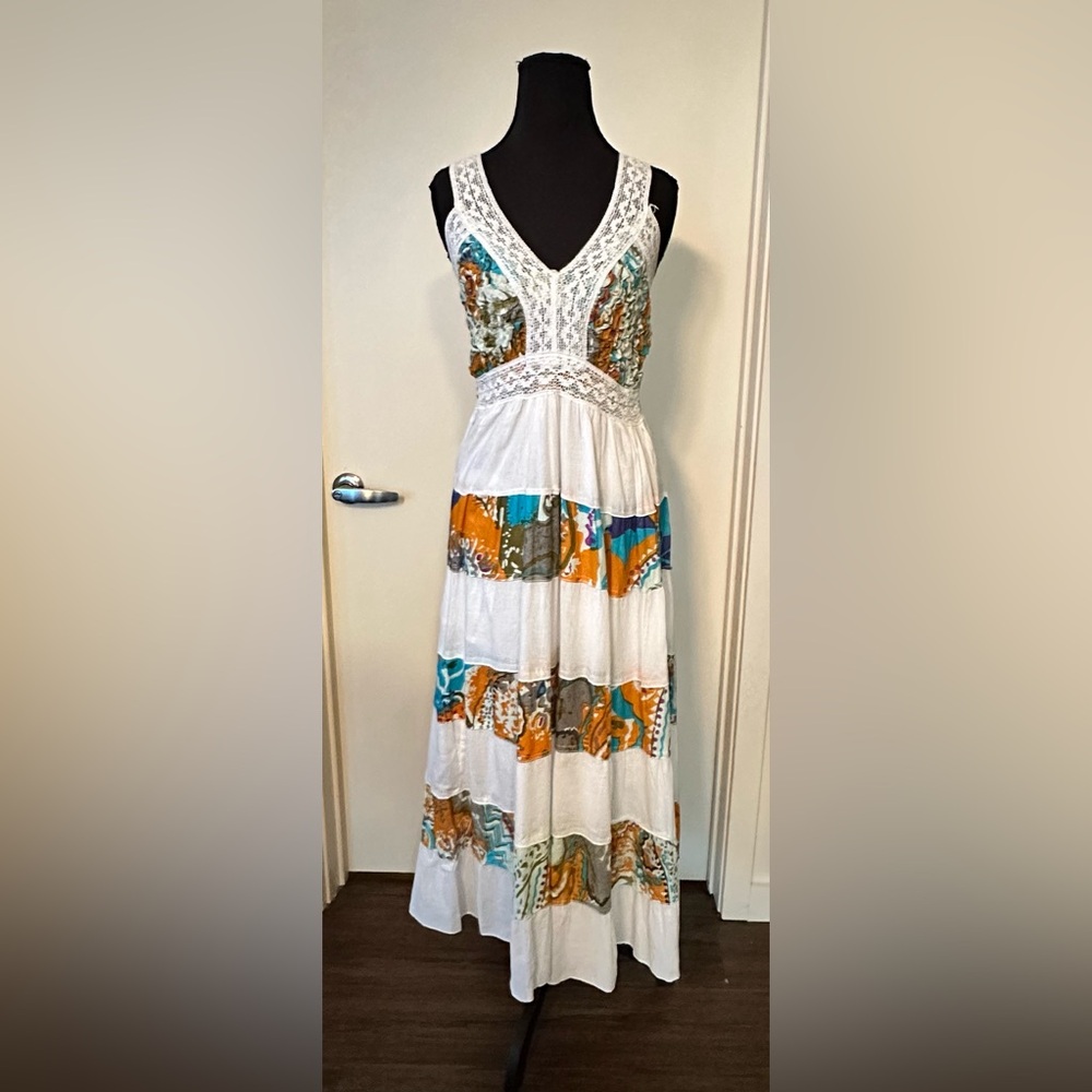 California Breeze Boho Tiered Cotton Dress in White/Multicolor Print. Size S - Picture 4 of 12